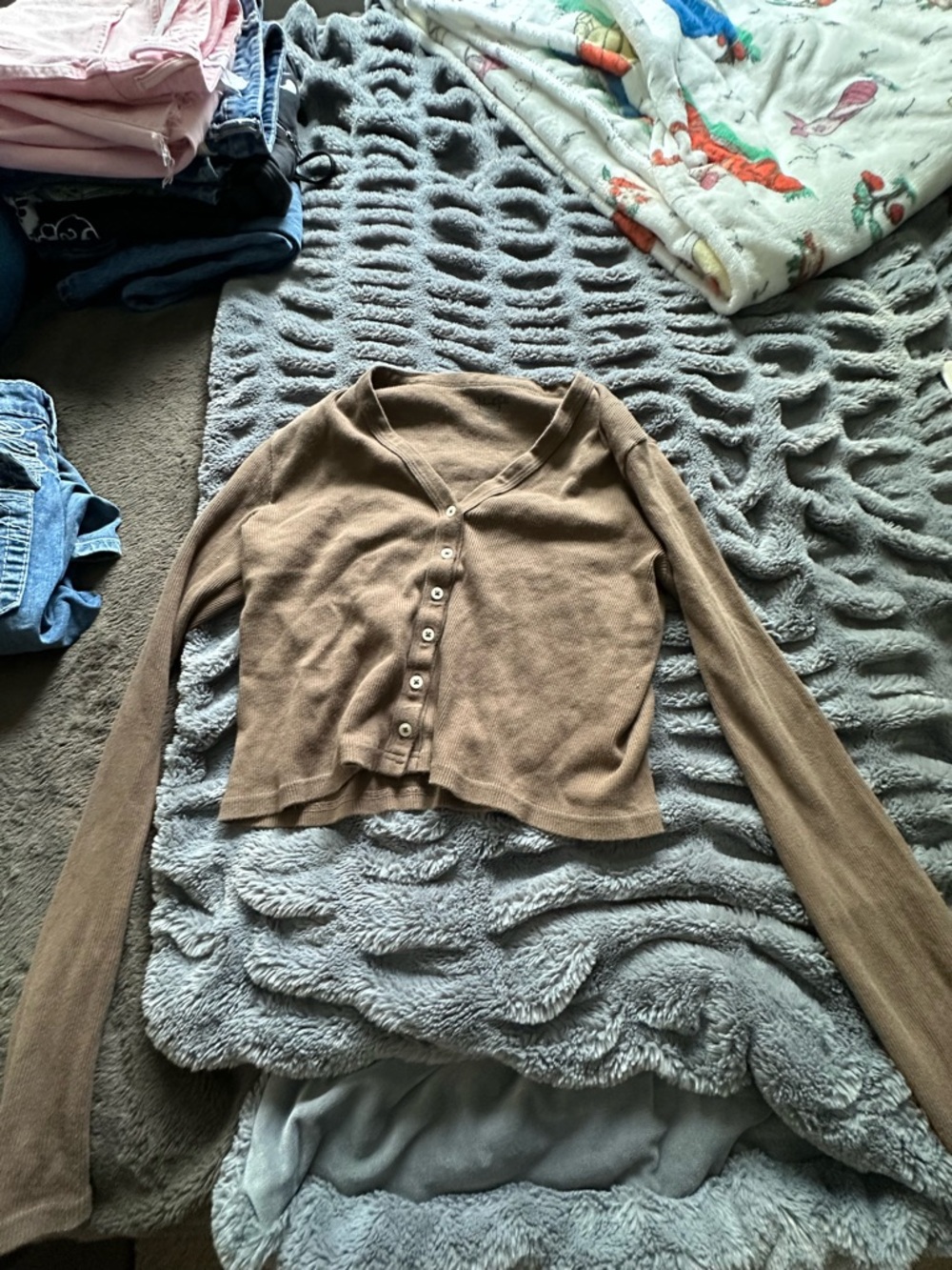 Cropped Brown V-Neck Button-Front Women's Sweater